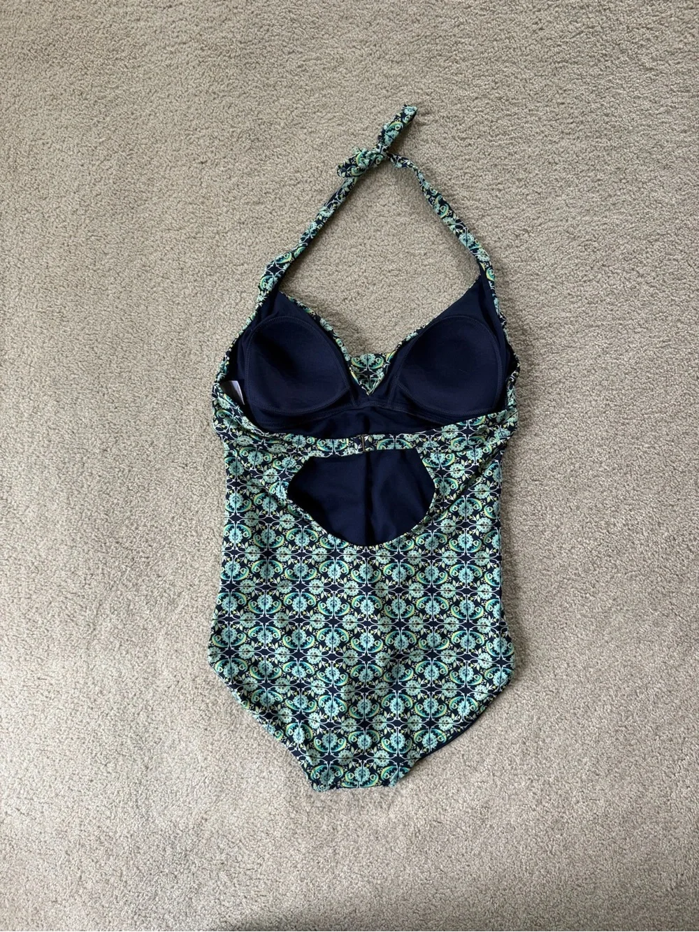 Merona Green and Navy Patterned Halter One-Piece Swimsuit Large